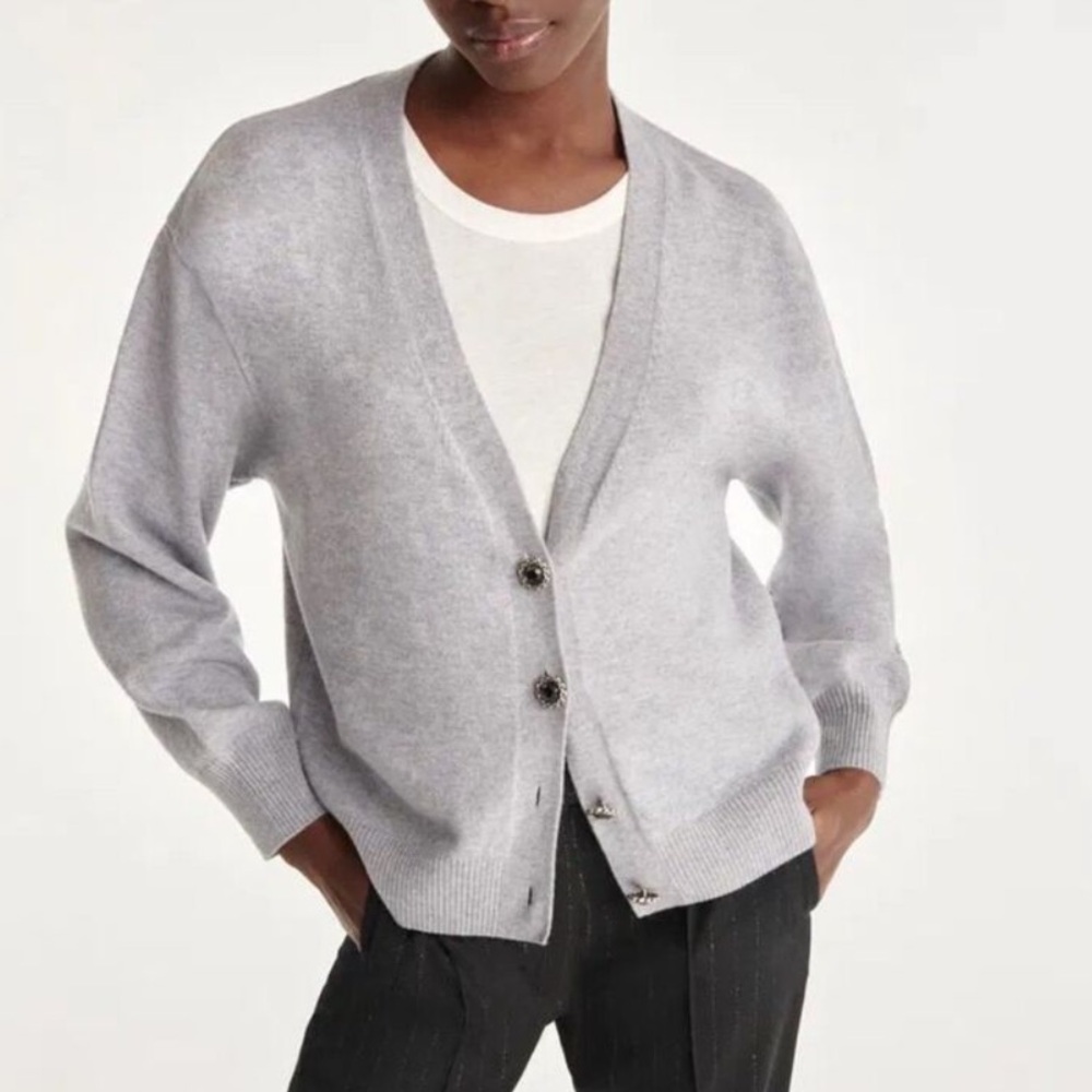 The Kooples 100% Merino Wool Cardigan V-Neck Sweater Jewel‎ Buttons Gray Size 4